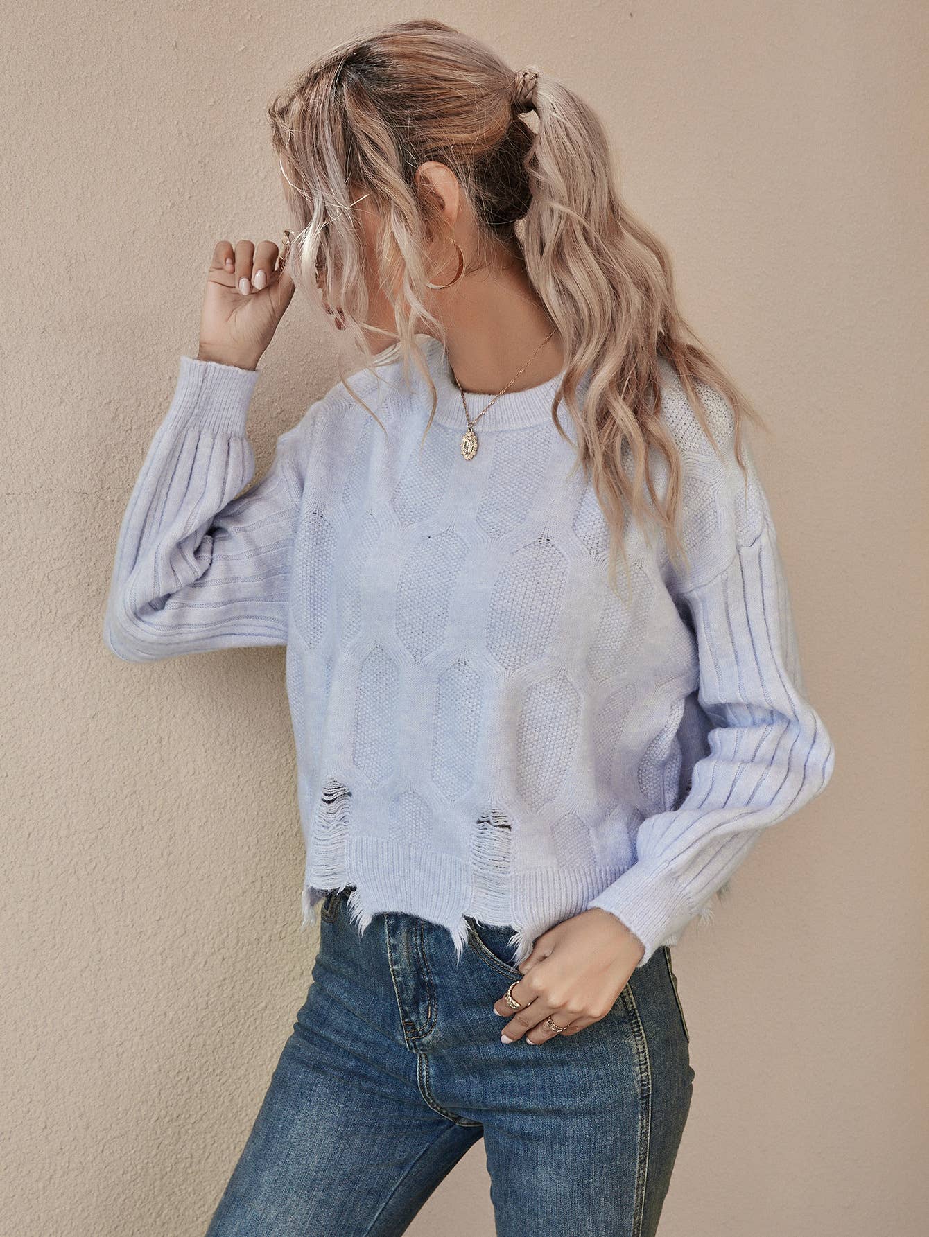 CWOSWL1155_Long Sleeve Round Neck Pullover Sweater