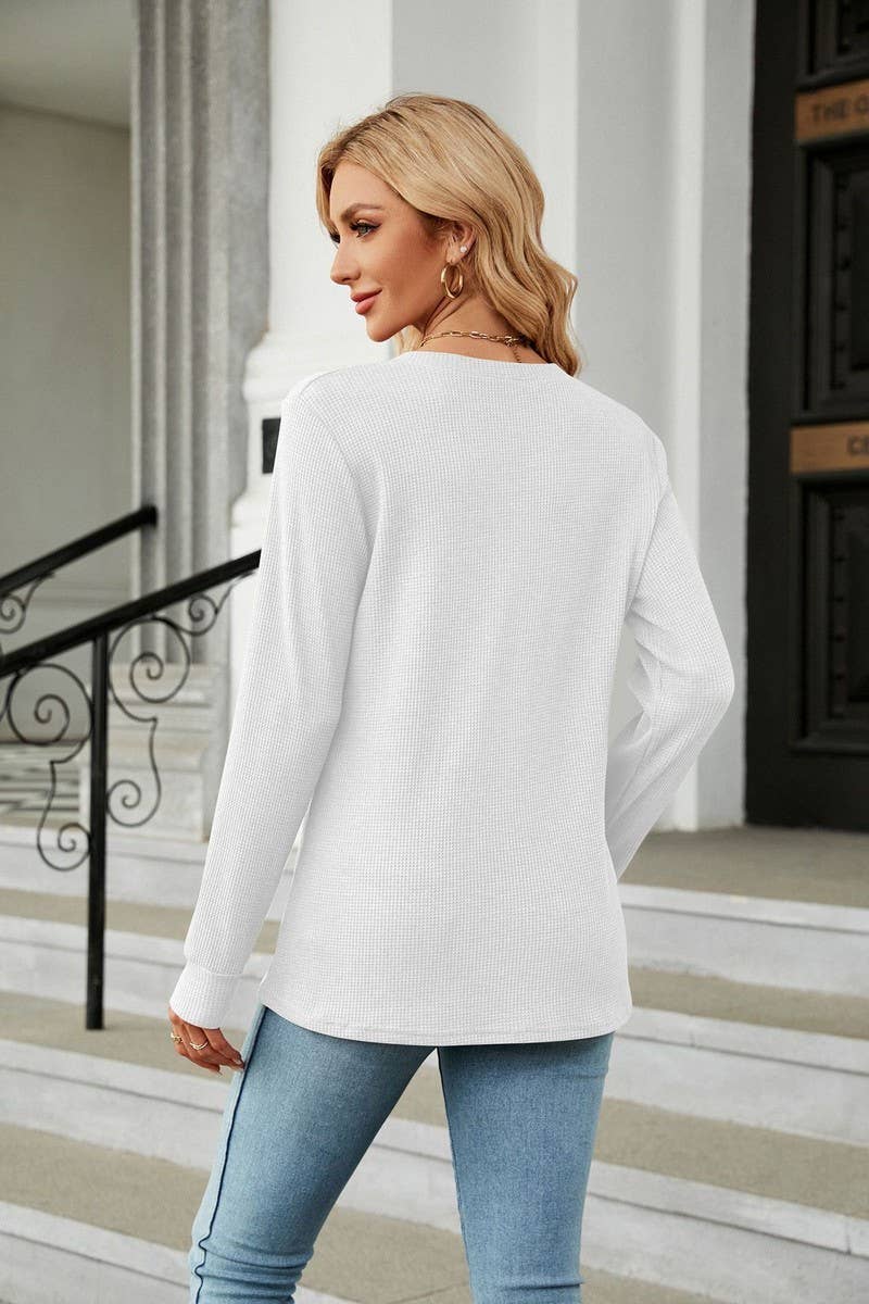 CWTBLL2416_SOLID COLOR V-NECK BUTTON LOOSE T-SHIRT TOP