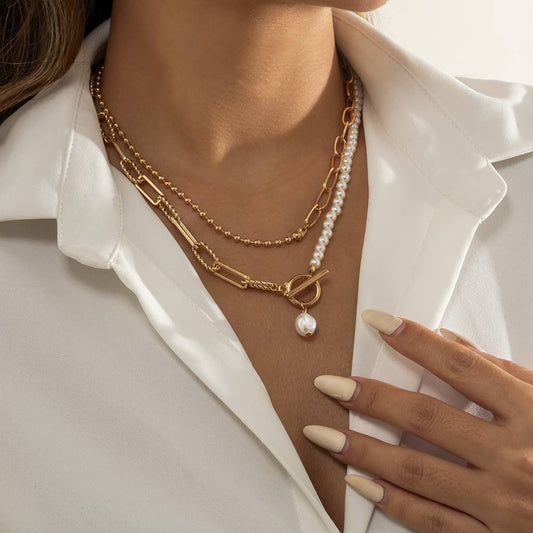 NICHE IMITATION PEARL OT BUCKLE TASSEL NECKLACE_CWAJE1805