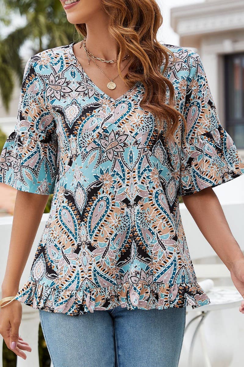 CWTBLS1804_V-NECK PRINTED CASUAL TRUMPET SLEEVE TOP