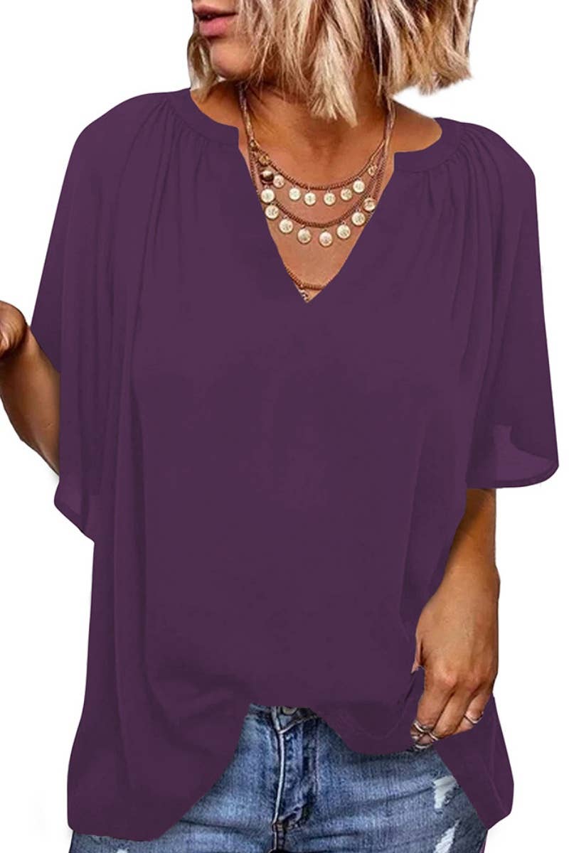 CWTBLS1247_LOOSE FIVE-QUARTER SLEEVE V-NECK PULLOVER TOP