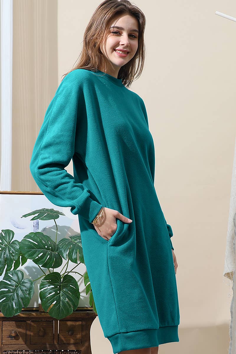 CWDMD793-P_R NECK FLEECE PULLOVER DRESS WITH SIDE POCKETS