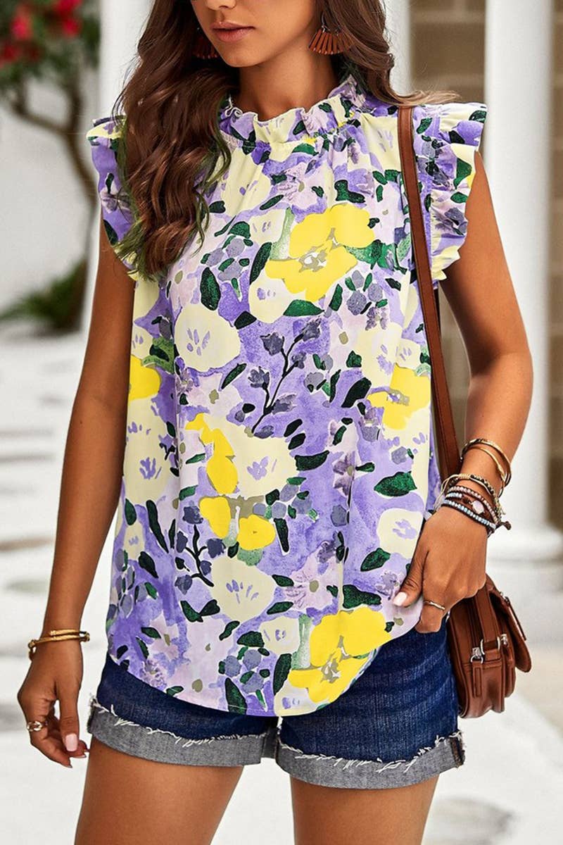 CWTBLSL0061_Round Neck Floral Ruffle Sleeveless Top