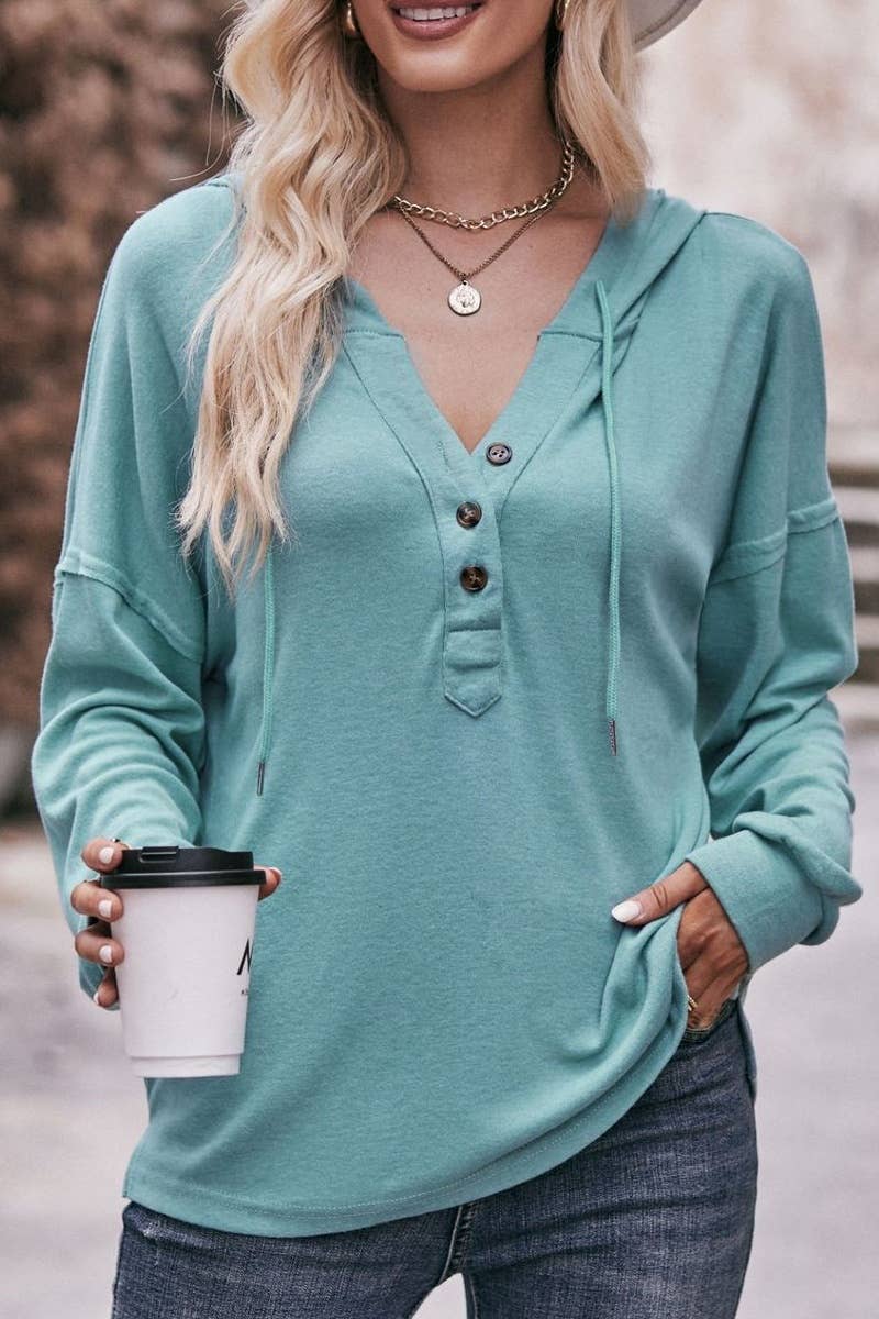 CWTBLL2714_V-NECK BUTTON-UP LONG-SLEEVED HOODED TOP