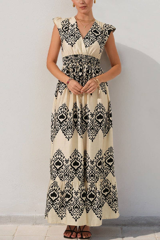 CWDMD5827_BOHO V-NECK HIGH WAIST FLUTTER SLEEVE MAXI DRESS