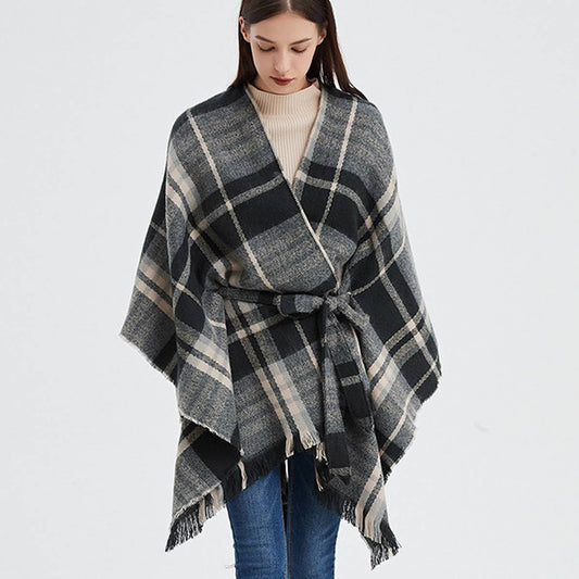 BLACK AND WHITE LINE CARDIGAN SHAWL CLOAK_CWASC0264