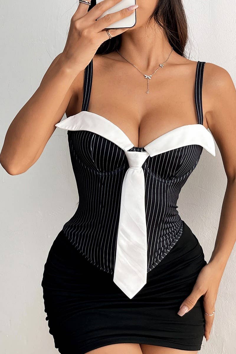 CWTHT0178_STRIPED LACE-UP LOW-CUT HERRINGBONE CAMISOLE TOP