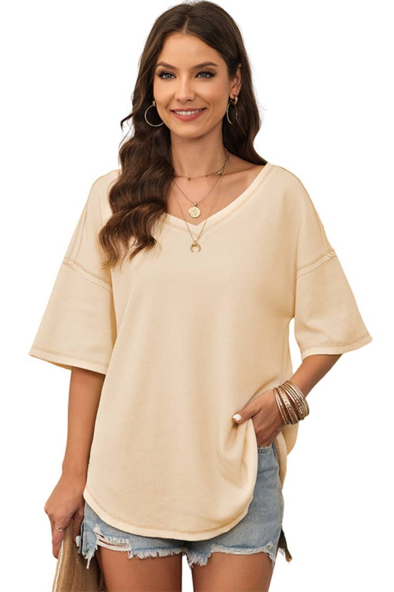 CWOSWS0099_KNIT V-NECK BAT-SLEEVED LOOSE MID-SLEEVED TOP