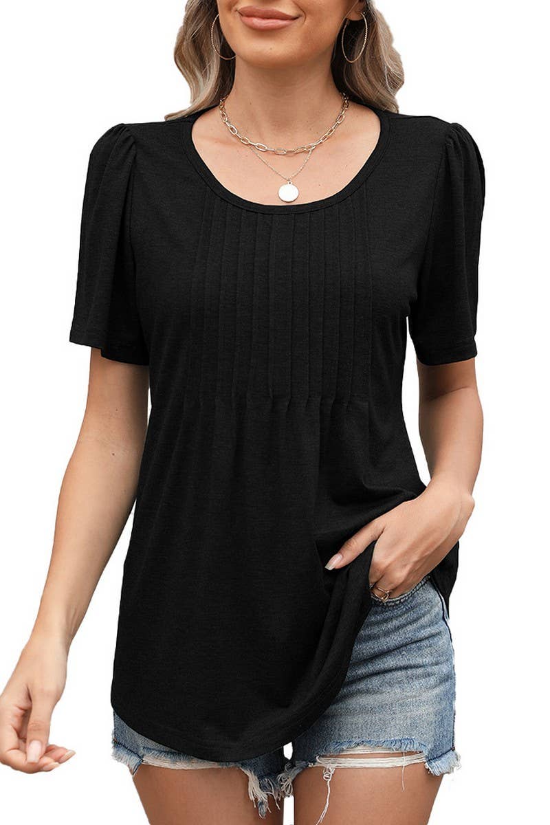 CWTBLS1724_LOOSE CREW NECK PLEATED PRINT SHORT SLEEVE TOP