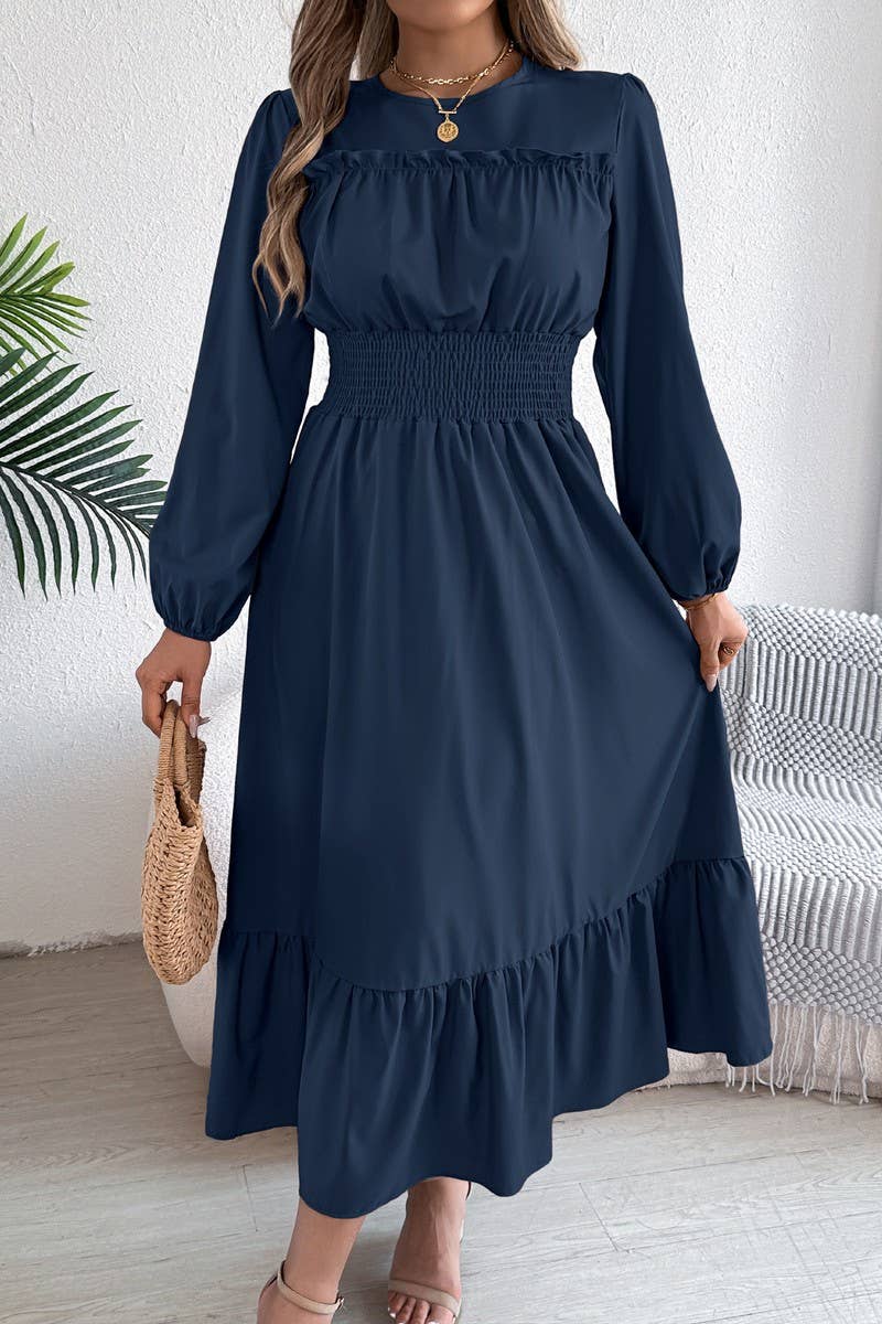 CWDMD6024_SOLID ELEGANT RUFFLE WAIST PLEATED MAXI DRESS