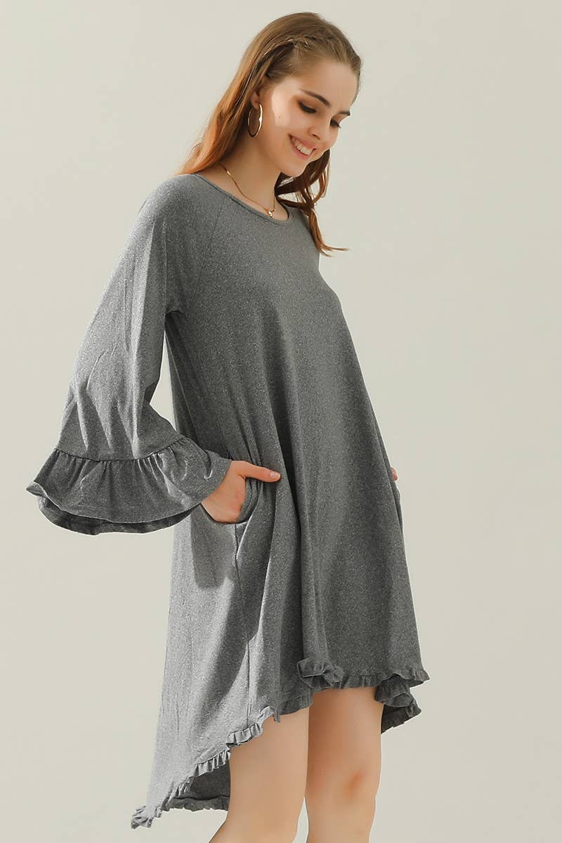 CWDSD10406_RUFFLE DETAIL LONG SLEEVE DRESS WITH SIDE POCKET