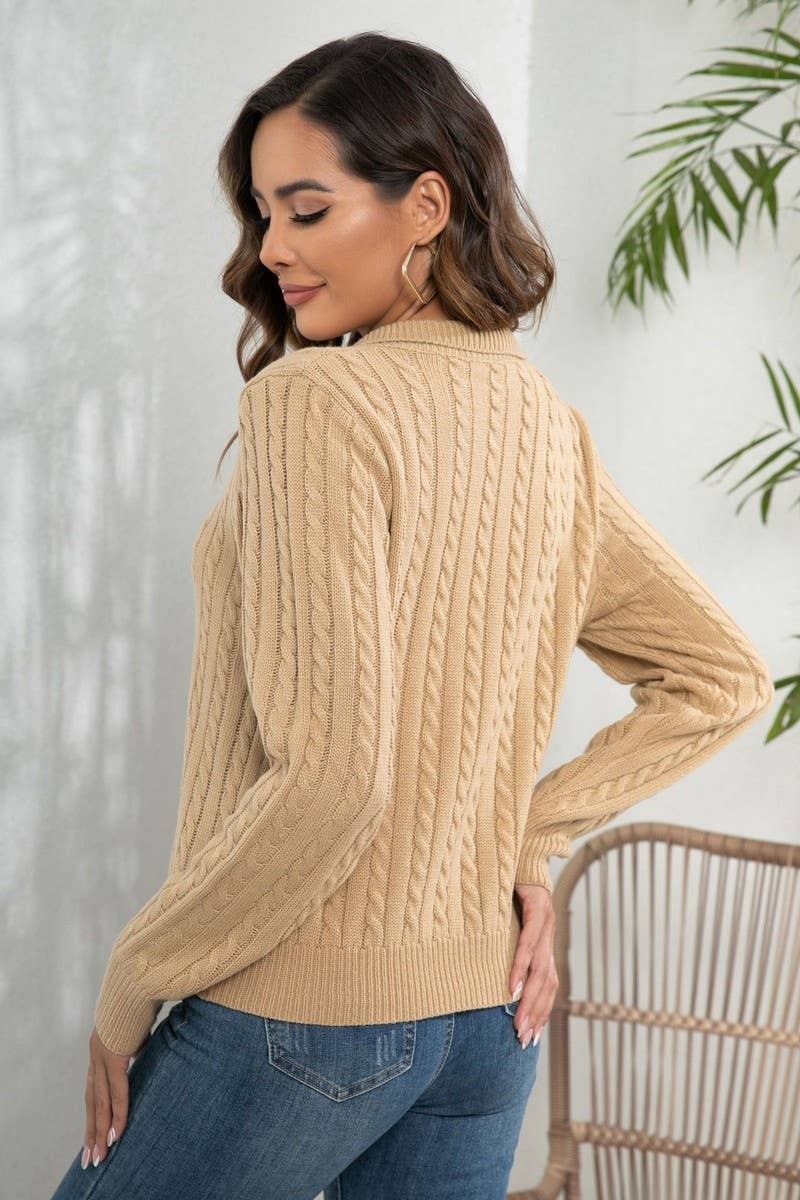 CWOSWL3873_SOLID COLOR LAPEL CABLE KNIT PULLOVER SWEATER