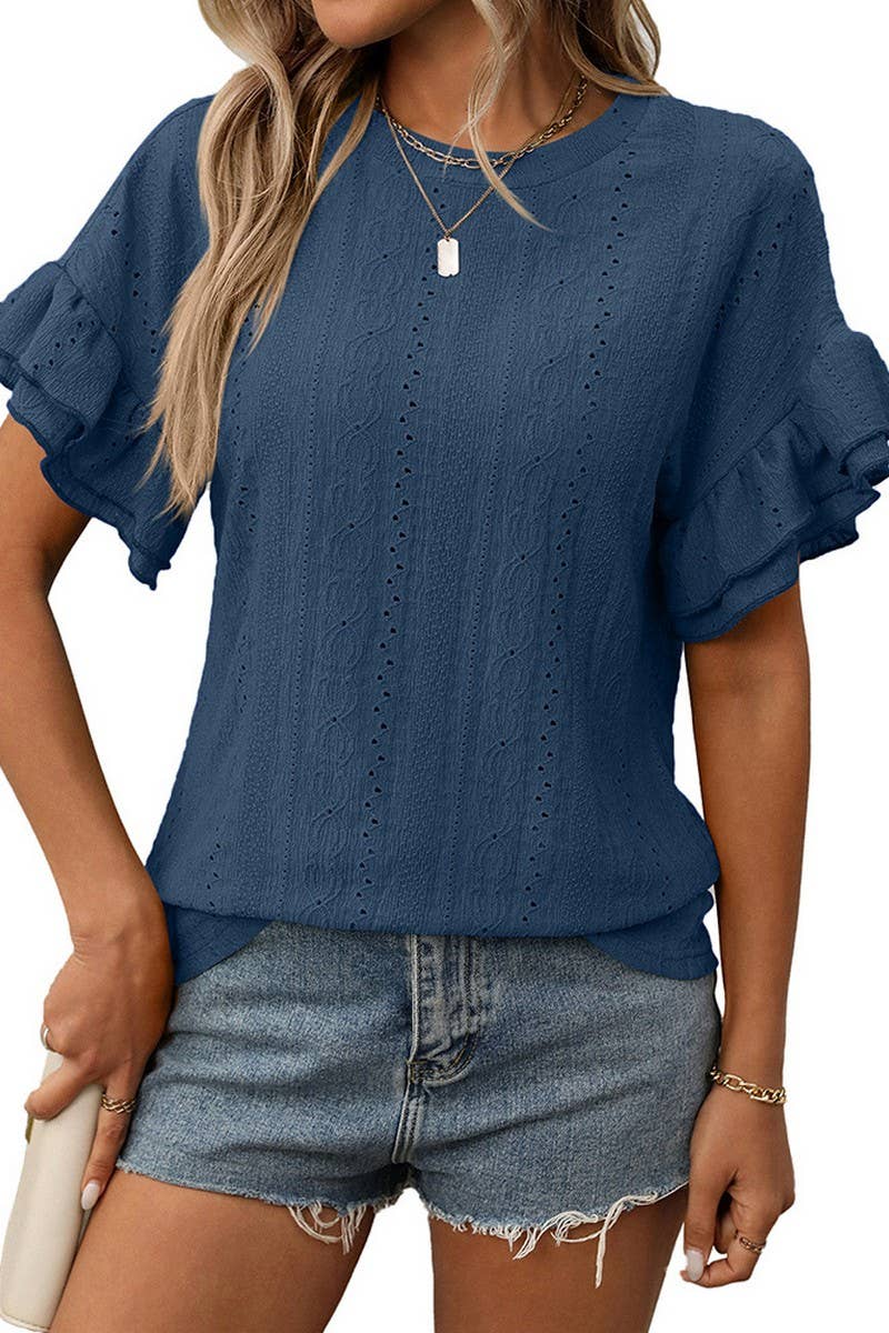 CWTBLS1719_ROUND NECK RUFFLE SLEEVE SHORT SLEEVE T-SHIRT TOP