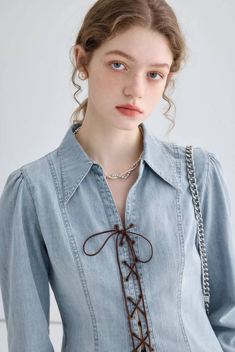 CWTSTL2871_WAIST SLIMMING SPLIT HEM DENIM SHIRT