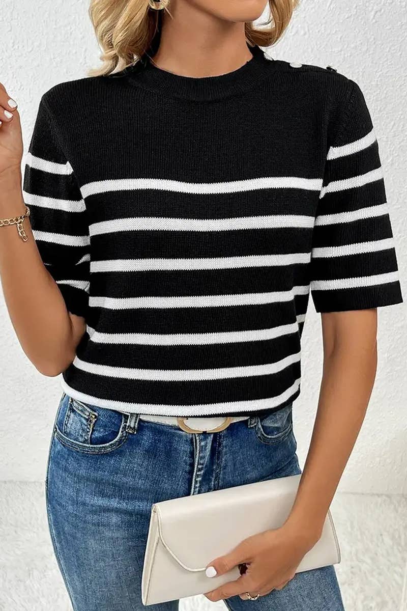 CWTTS1309_STRIPED FASHION ROUND NECK SHORT SLEEVE SWEATER