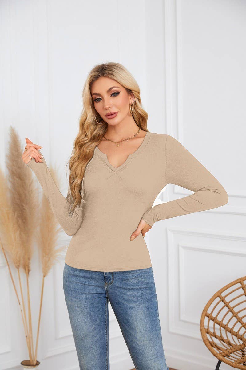 CWTBLL4097_DEEP U-NECK CROSS-OVER LONG-SLEEVED T-SHIRT TOP