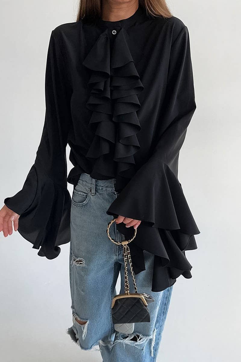 CWTBLL3342_SOLID COLOR RUFFLED LONG SLEEVE SHIRT TOP