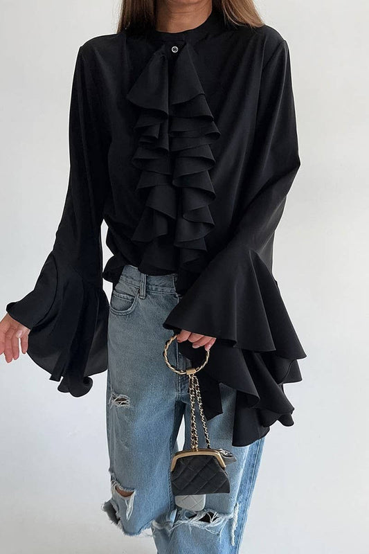 CWTBLL3342_SOLID COLOR RUFFLED LONG SLEEVE SHIRT TOP