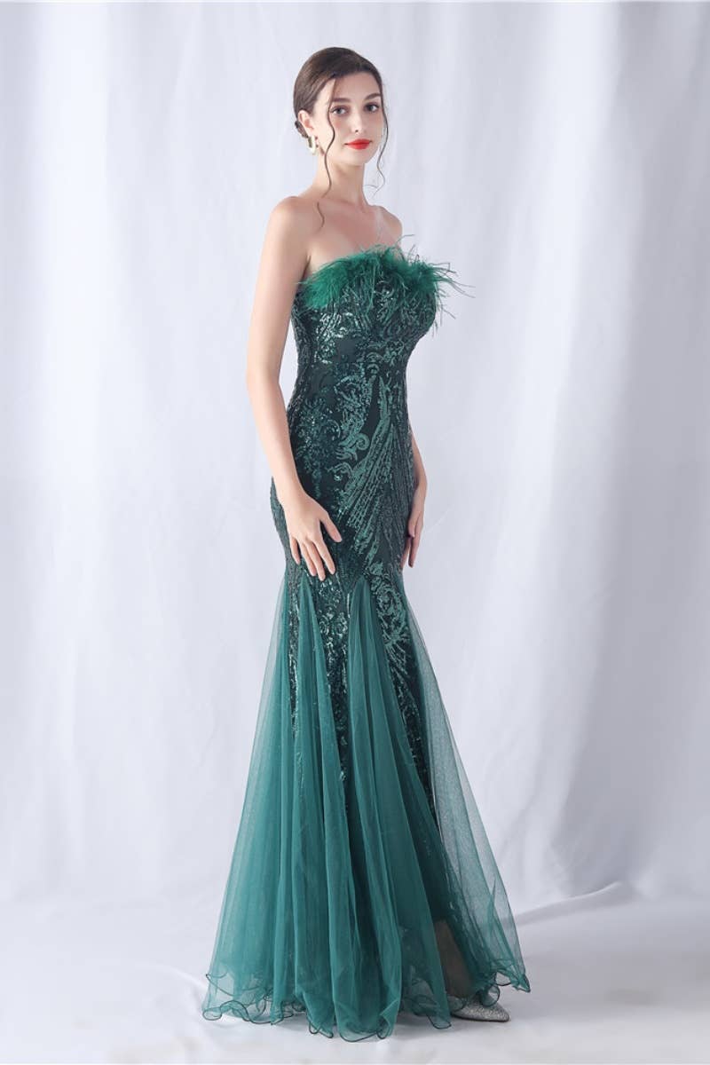 CWDMD3628_FURRY STRAPLESS SEQUIN EVENING DRESS LONG