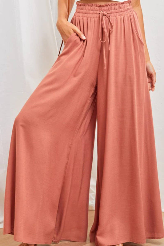 CWBLP0705_SOLID COLOR ELASTIC WAIST TIE WIDE LEG PANTS