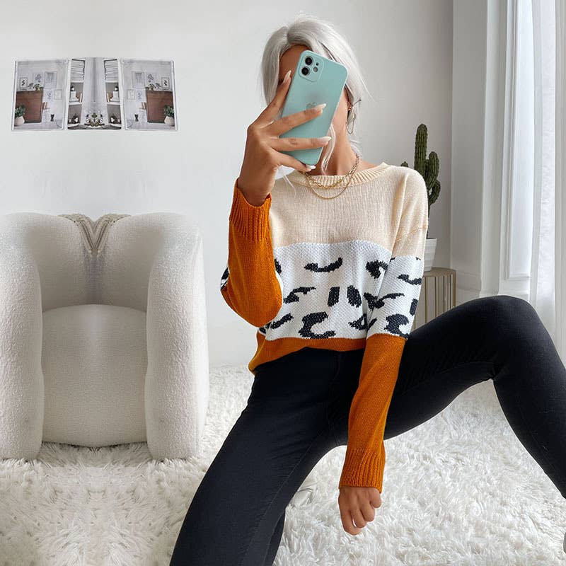 CASUAL COLOR MATCHING LONG-SLEEVED BASE SWEATER