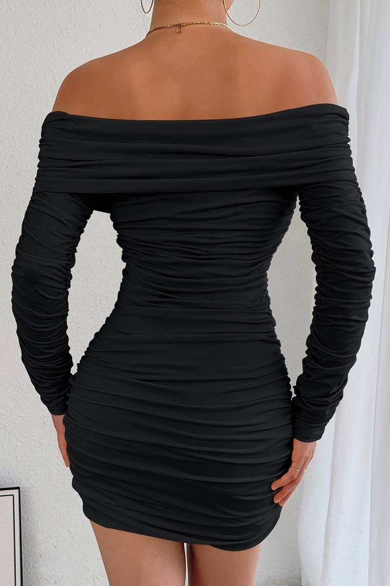 CWDSD10763_OFF SHOULDER LONG SLEEVE RUCHED BODYCON DRESS