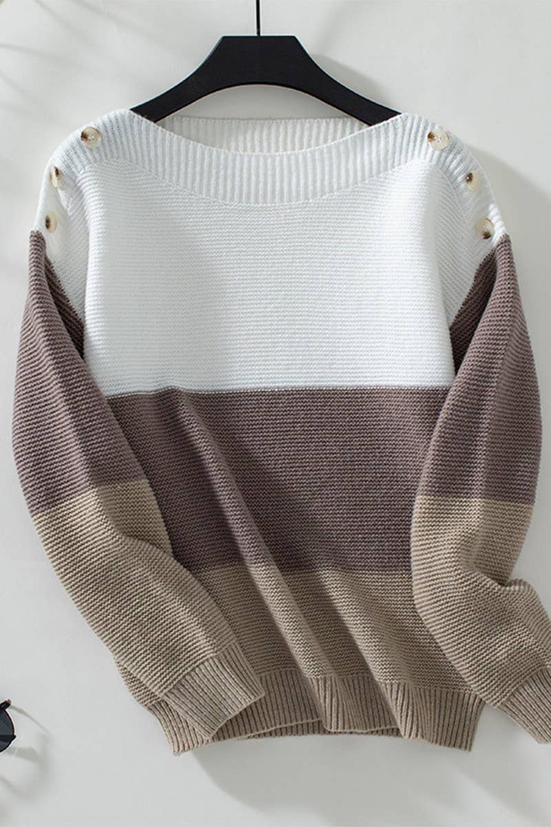 CWOSWL2839_BOAT NECK CONTRAST BUTTON KNIT SWEATER