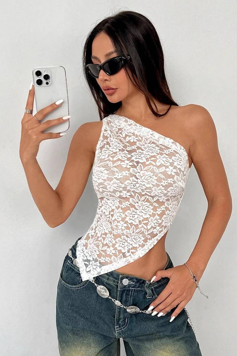 CWTBLSL0870_CHIC ASYMMETRICAL LACE CUTOUT ONE-SHOULDER TOP