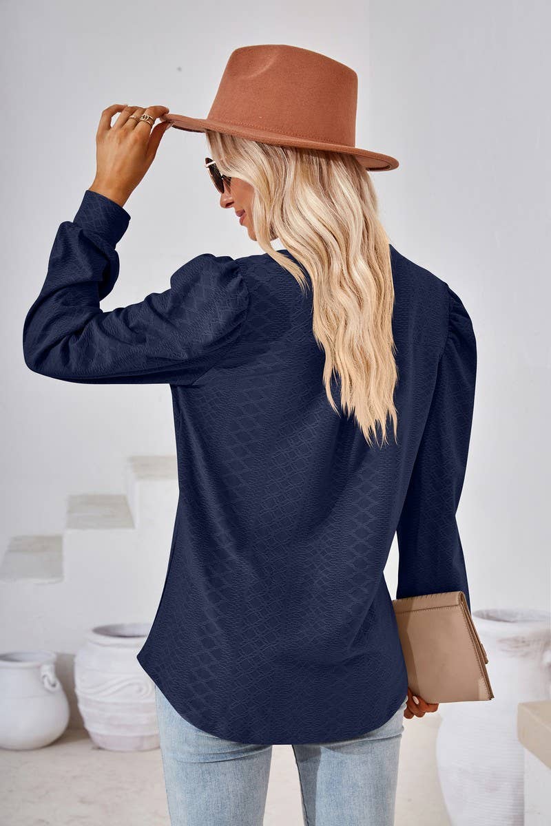 CWTBLL2374_SOLID COLOR V-NECK JACQUARD LONG-SLEEVED TOP