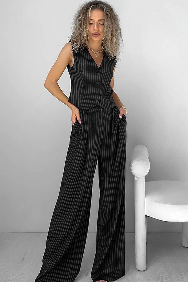 CWSJB0055_RETRO V-NECK STRIPED SUIT TWO-PIECE SUIT
