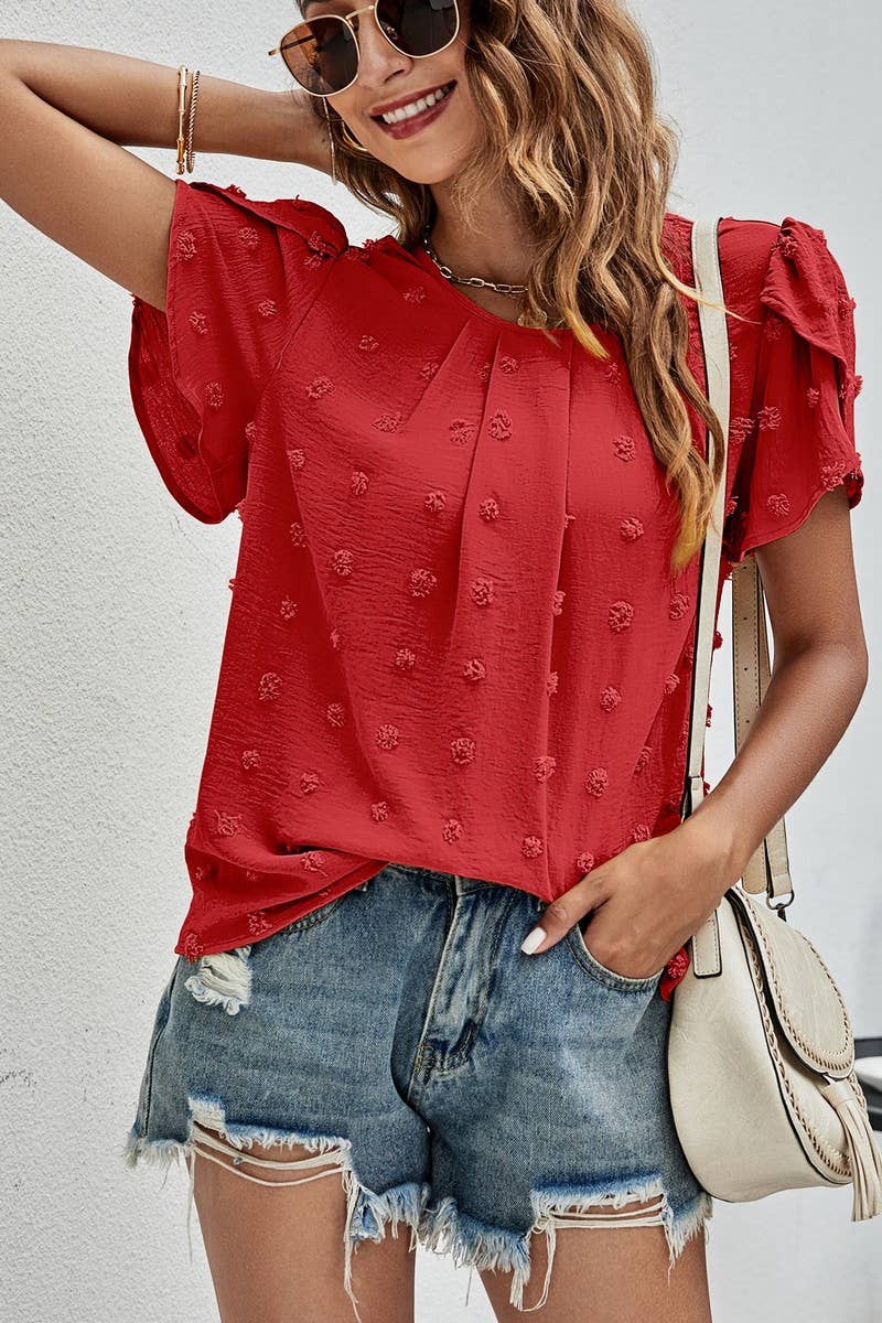CWTBLS0342_Round neck Short Puff Sleeve Blouse