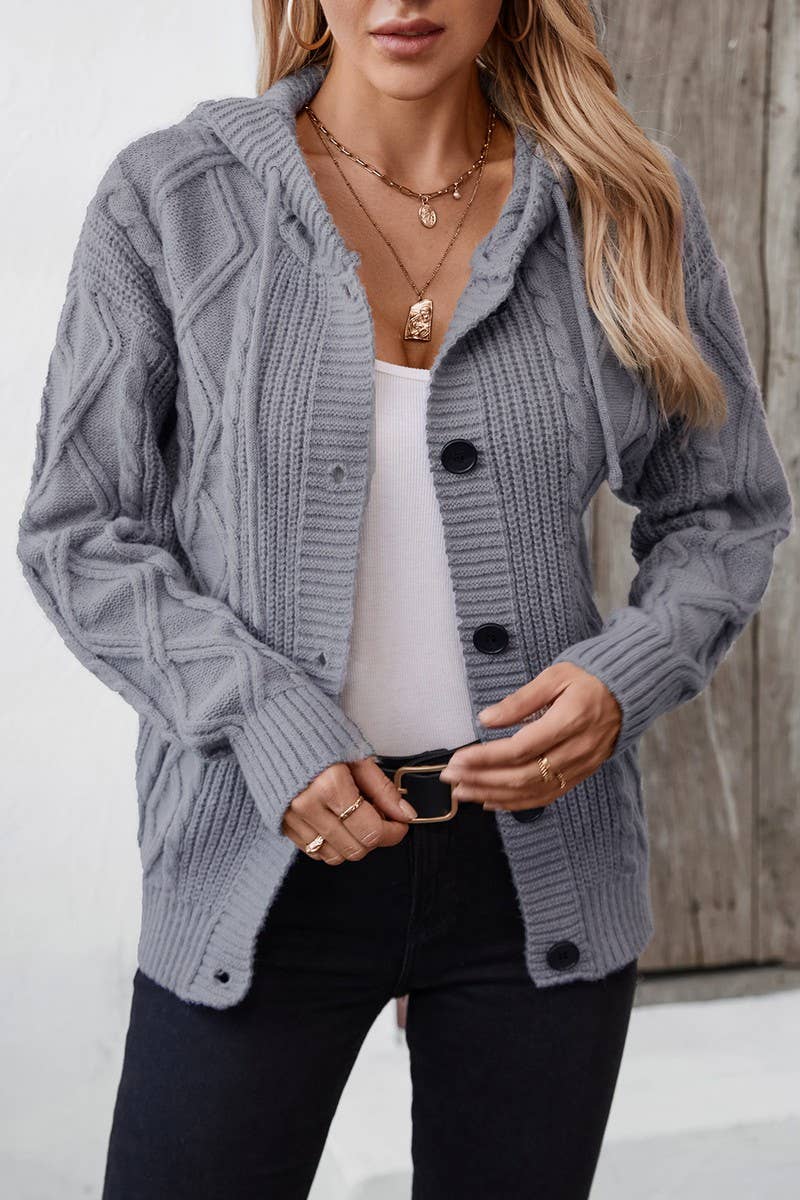 CWOCAL0864_HOODED DRAWSTRING KNITTED CARDIGAN