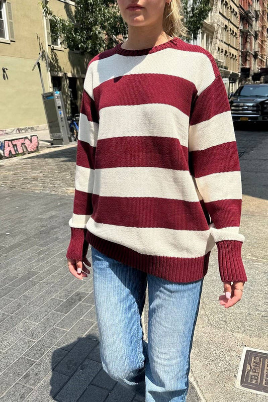 CWOSWL5737_CREW NECK LONG SLEEVE STRIPED KNIT SWEATER