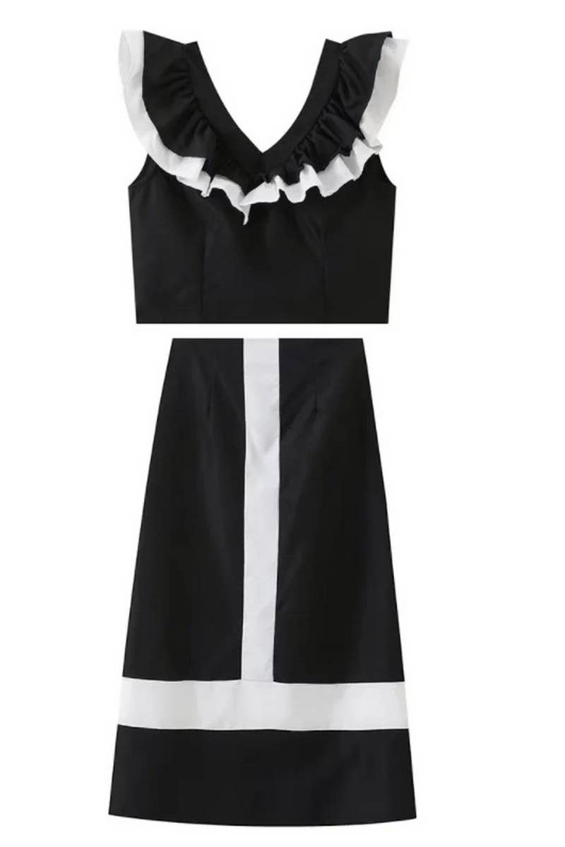 CWSTB1390_V-NECK SHORT-SLEEVED RUFFLED LONG SKIRT SUIT