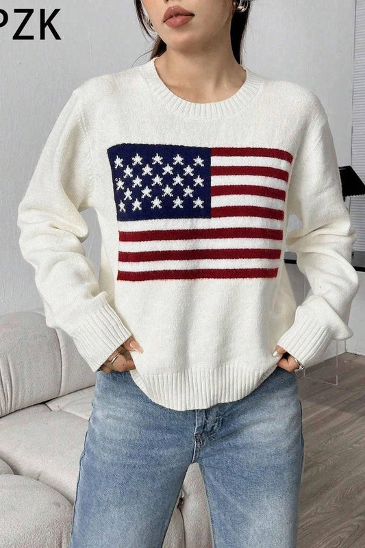 CWOSWL5753_AMERICAN FLAG LOOSE FIT CREWNECK SWEATER