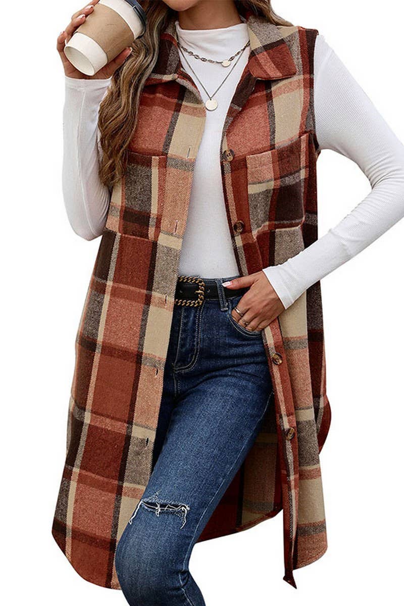 CWOV0411_SLEEVELESS LAPEL MID-LENGTH PLAID VEST