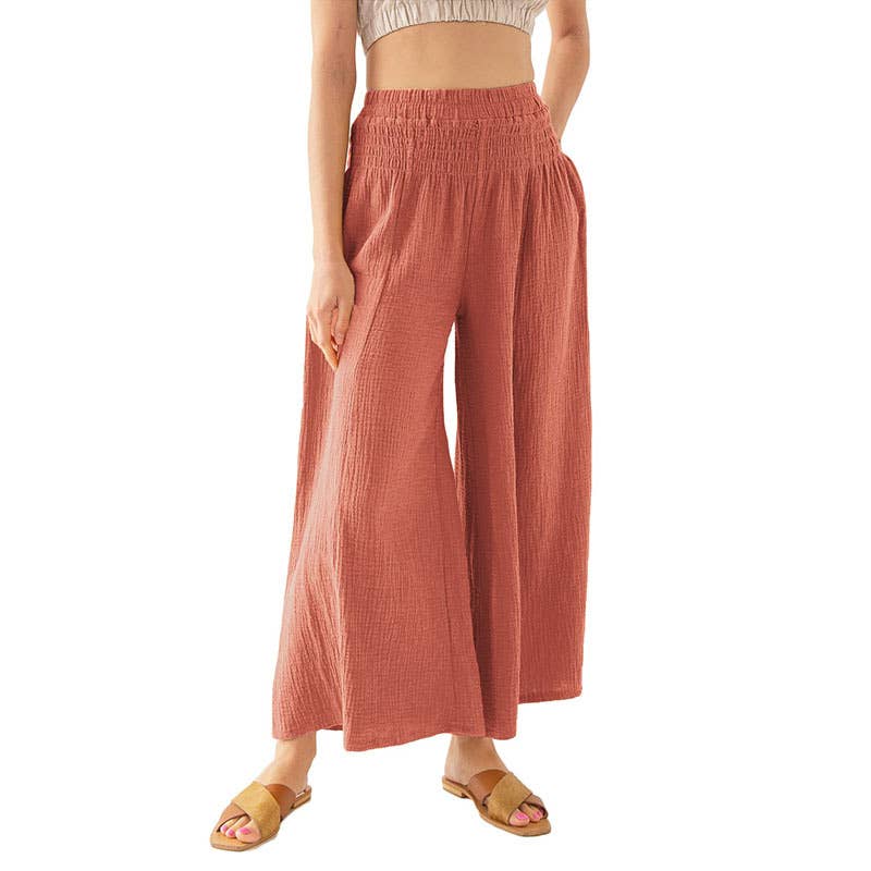 ELASTIC HIGH-WAISTED COTTON WIDE-LEG PANTS