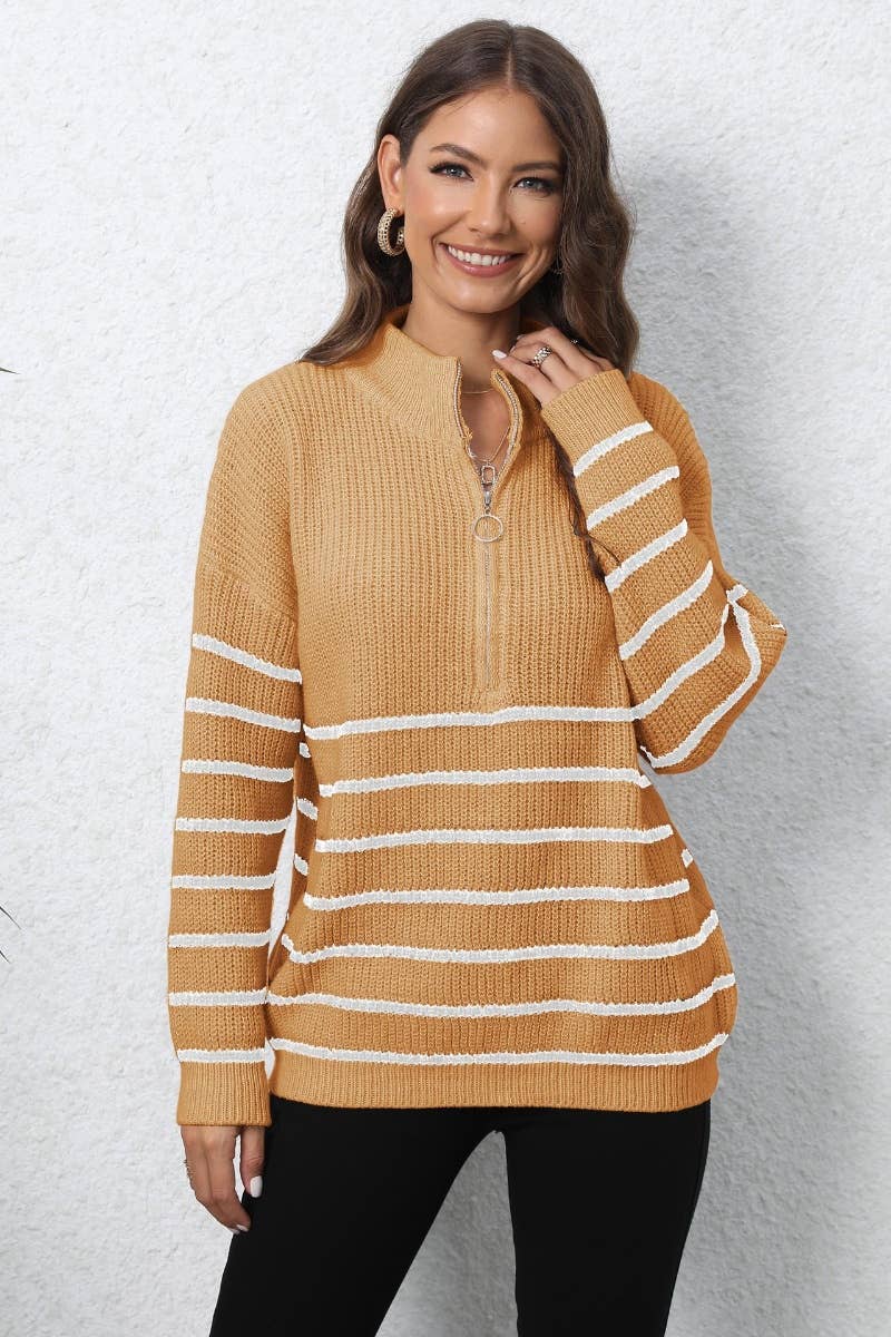 CWOSWL6730_KNIT ZIPPER STRIPED LONG-SLEEVED SWEATER