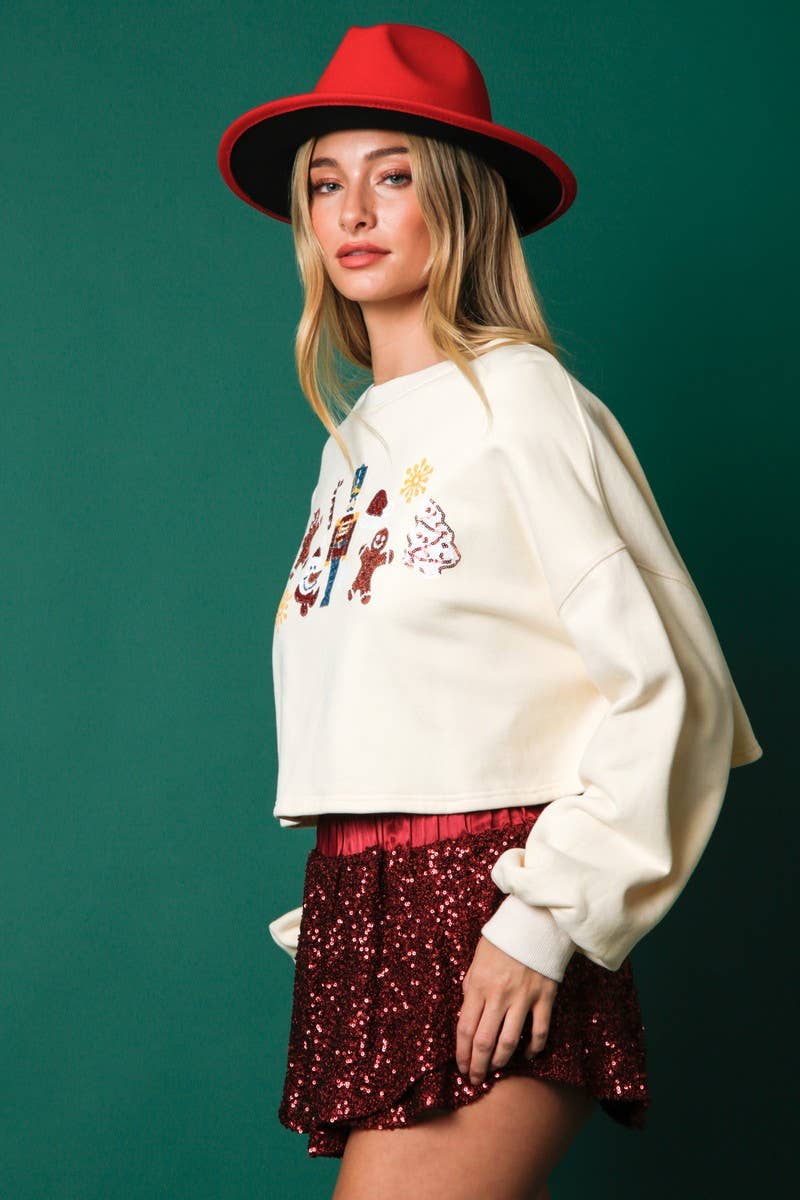 CWTBLL01266_CHRISTMAS SEQUINED CASUAL CROPPED SWEATSHIRT