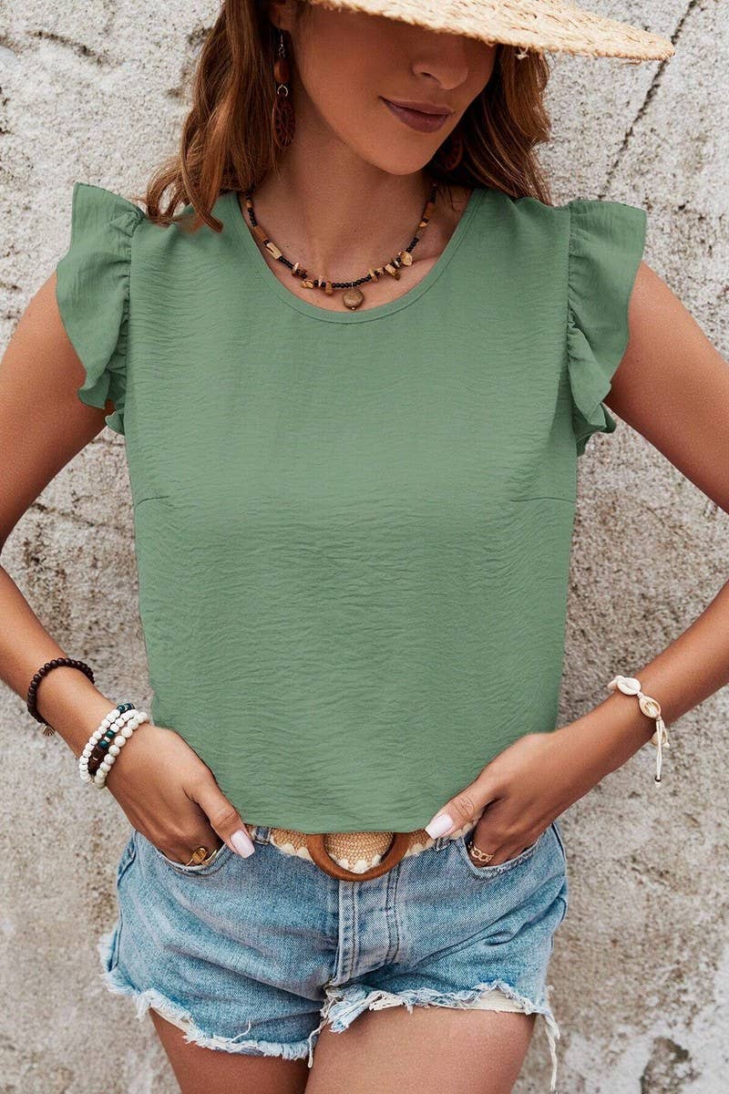 CWTBLSL0696_SOLID COLOR ROUND NECK RUFFLE BOW VEST TOP