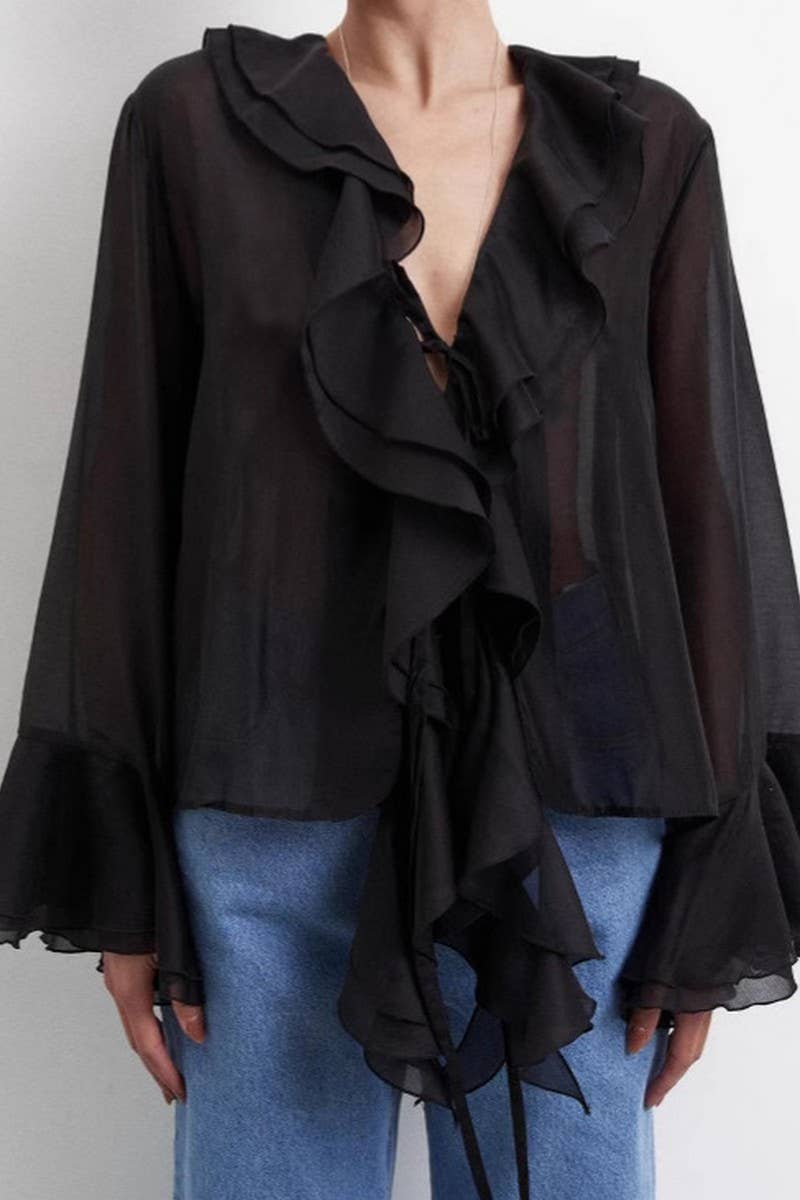 CWTBLL555_SOLID COLOR V-NECK RUFFLED LACE-UP SHIRT