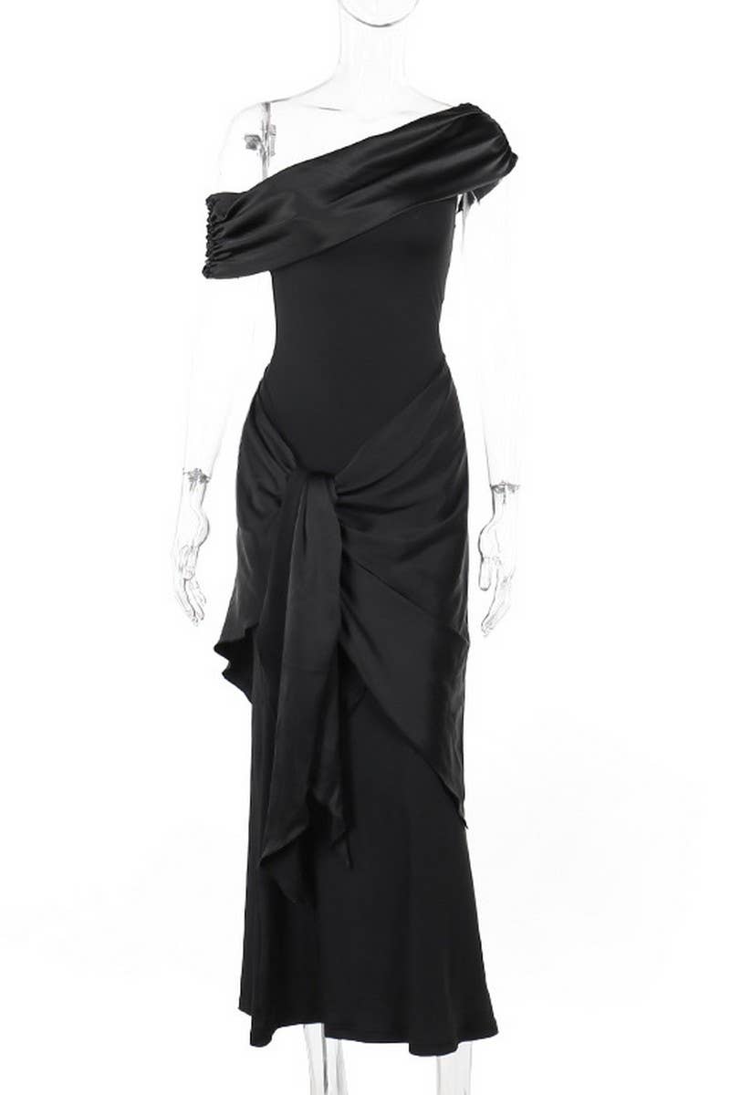 CWDMD4240_ONE-SHOULDER MESH RIBBON ELEGANT BLACK DRESS