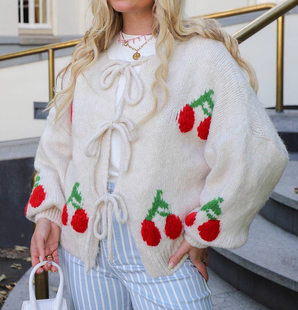 Cherry embroidery jacquard lace-up cardigan
