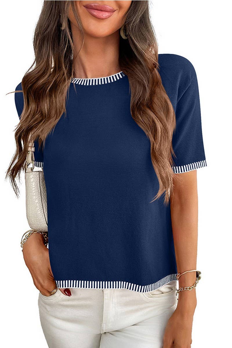 CWOSWS0143_STRIPED SHORT SLEEVE CREW NECK KNIT SWEATER