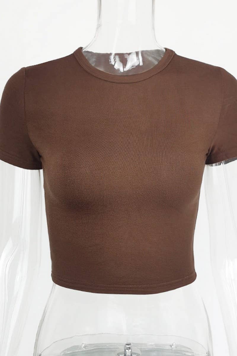 CWTTS1346_SOLID COLOR ROUND NECK SHORT BELLY EXPOSED TOP