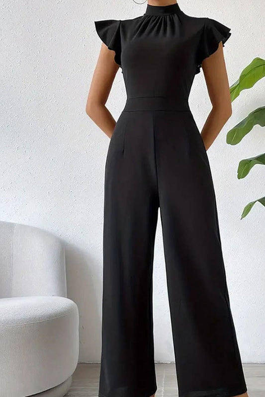 CWSBSSL0133_STAND COLLAR RUFFLE DRAPED SLEEVELESS JUMPSUIT