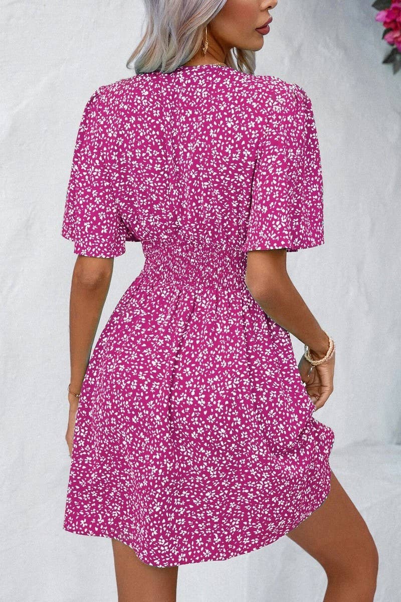 CWDSD8398_DEEP V RUFFLE SLEEVE FLORAL RUCHED VACATION DRESS