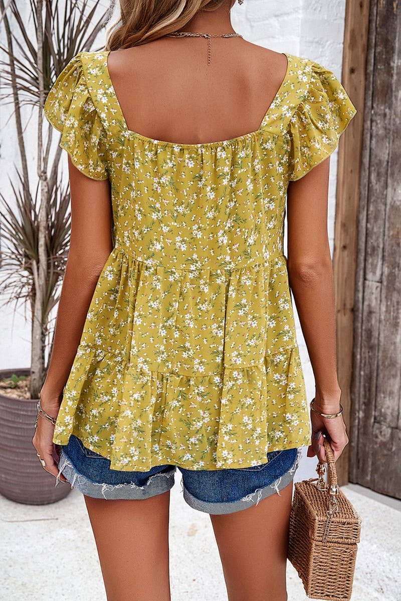 CWTBLSL0056_Squre Neck Floral Ruffle Sleeve Top
