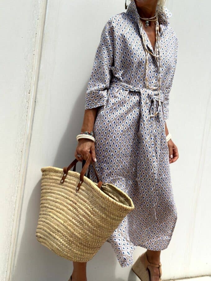 FIVE-QUARTER SLEEVE STRIPED SHIRT DRESS