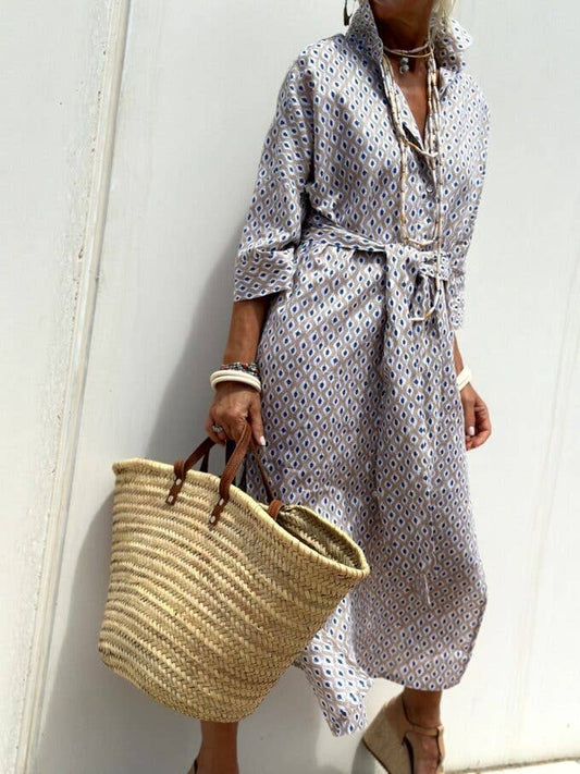 FIVE-QUARTER SLEEVE STRIPED SHIRT DRESS